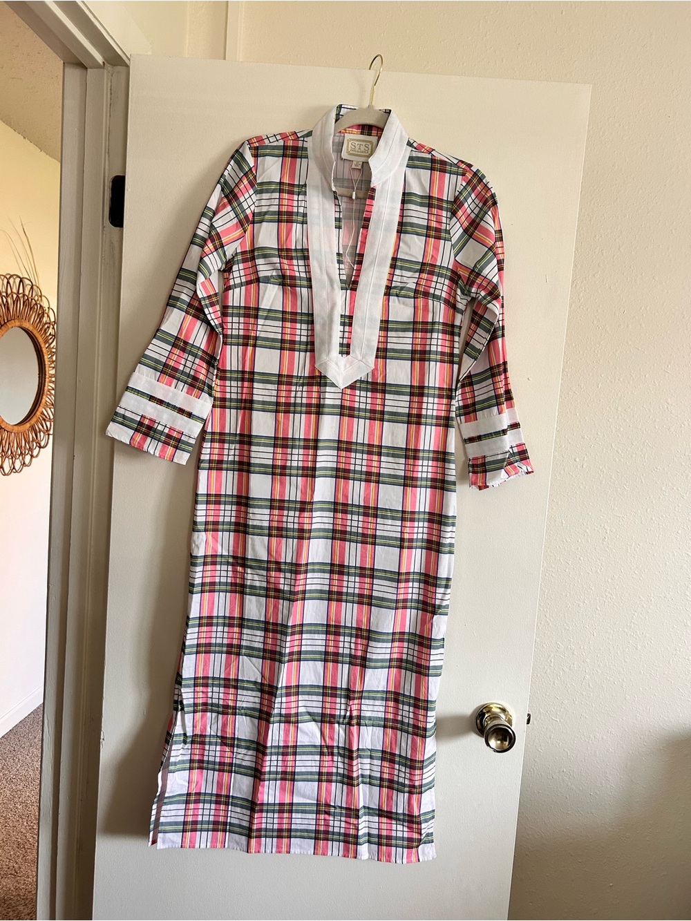Sail to Sable Pink Green Plaid Long Sleeve Cotton Tunic Dress